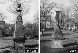 Historical and present-day photo showing the conditin of the Sielentz obelisk exhibits strong weathering and a loss of ornamental designd.
