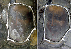 Erfurter Dom, Detail aus dem Helenafenster nord VIII, 11a (2009): links mit Zaponlackresten, rechts nach deren Entfernung mit Aceton