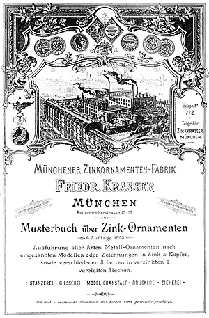 Deckblatt eines Musterbuchs der Münchner Zinkornamenten-Fabrik Friedich Kraser, 1893